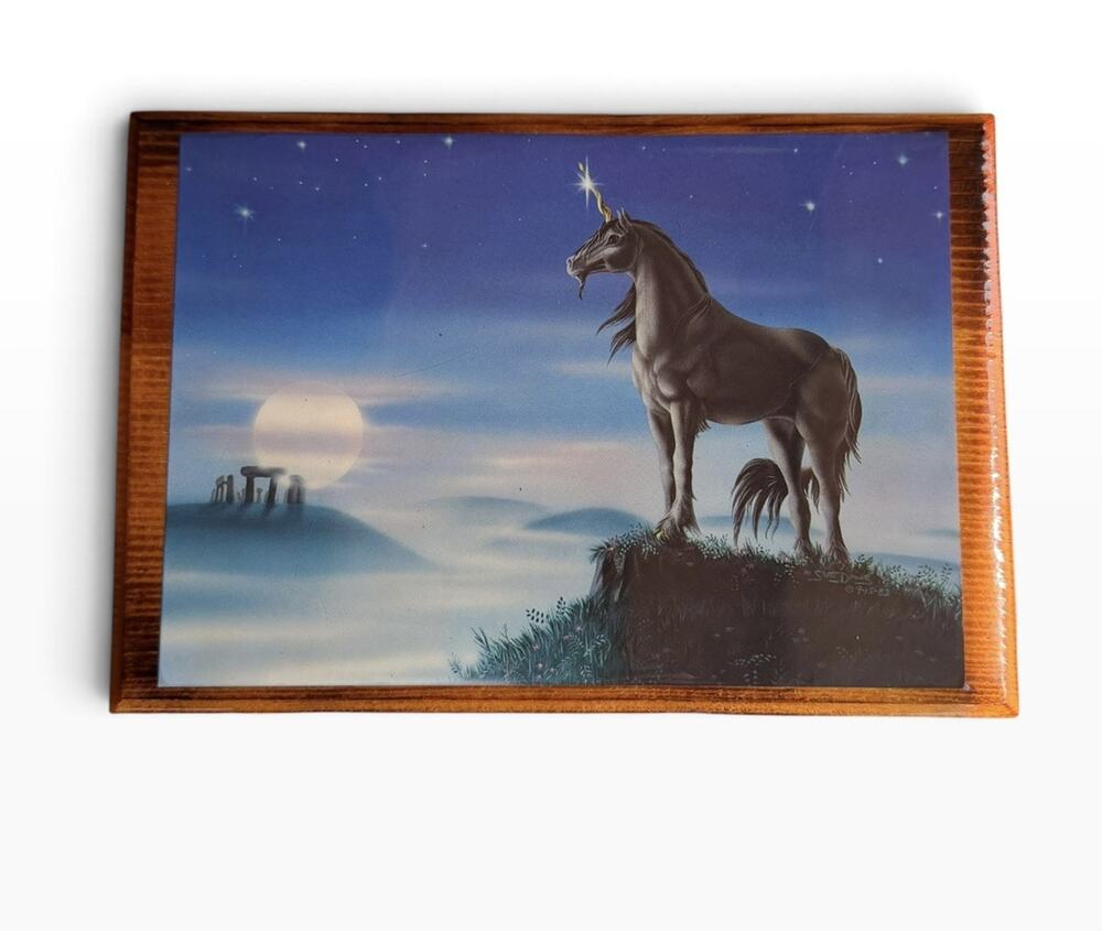Vintage 1980's Unicorn At Attention Stonehenge Wood Plaque Fantasy Mythical Art